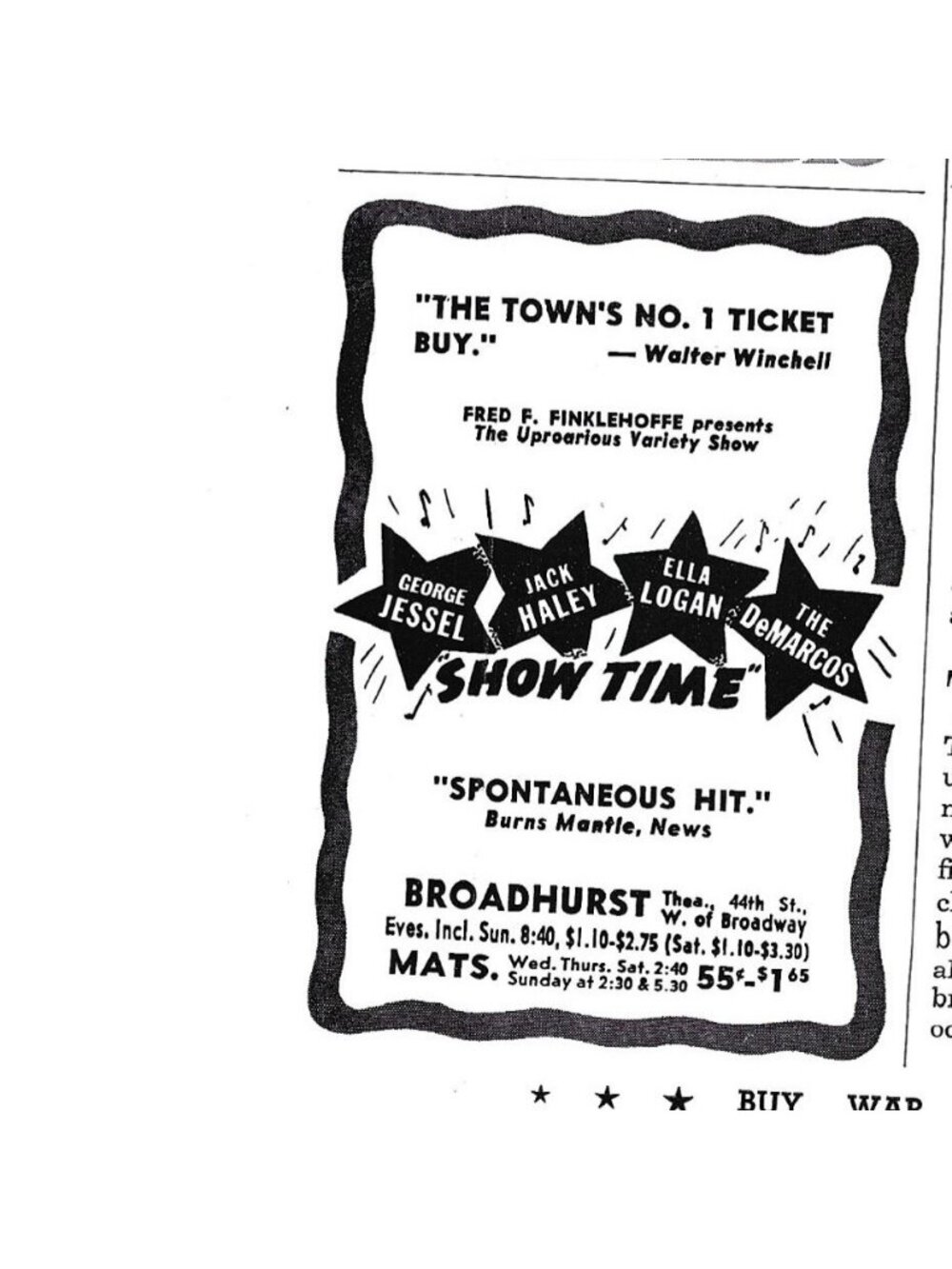 Print Ad Showtime Broadhurst Theatre George Jessel Jack Haley Ella Logan Variety